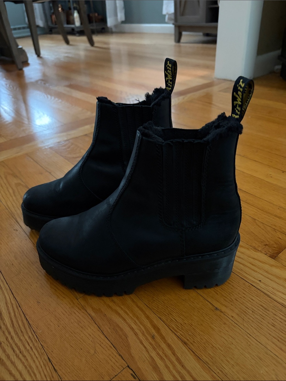 Dr. Martens Black Leather Shearling-Lined Chelsea Platform Boots